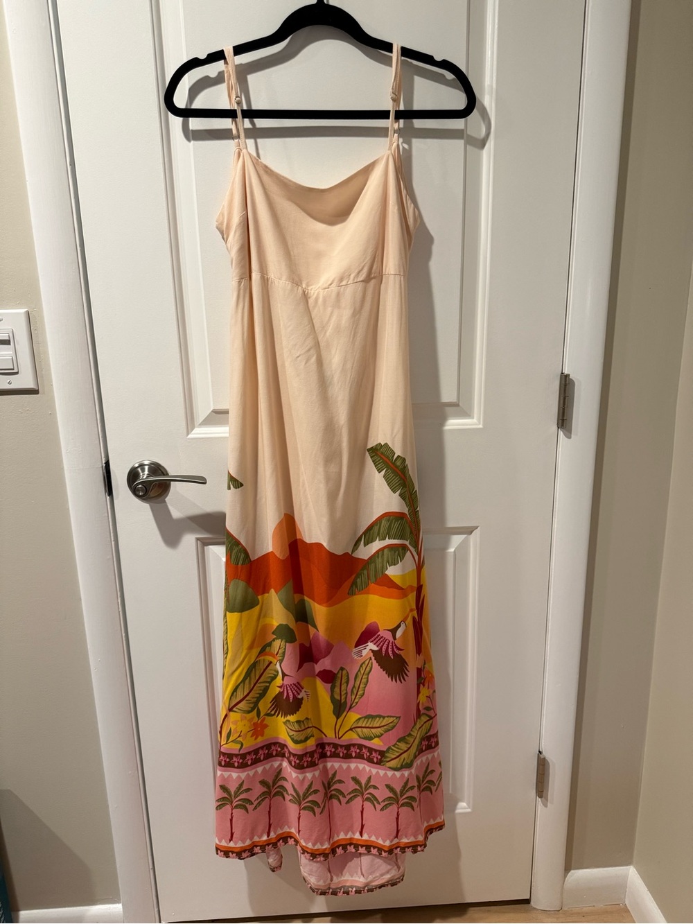 Paper Heart Cream Tropical-Print Slip Maxi Dress with Pink and Yellow Border